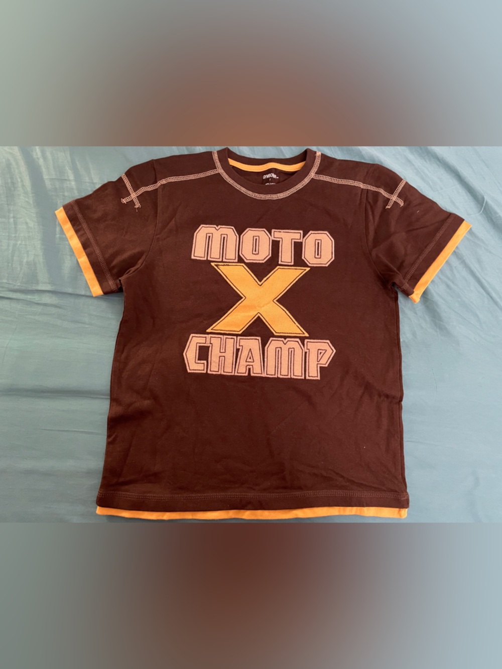 New Gymboree Brown Moto X Champ cotton t shirt tee with Yellow trim layer Sz 7